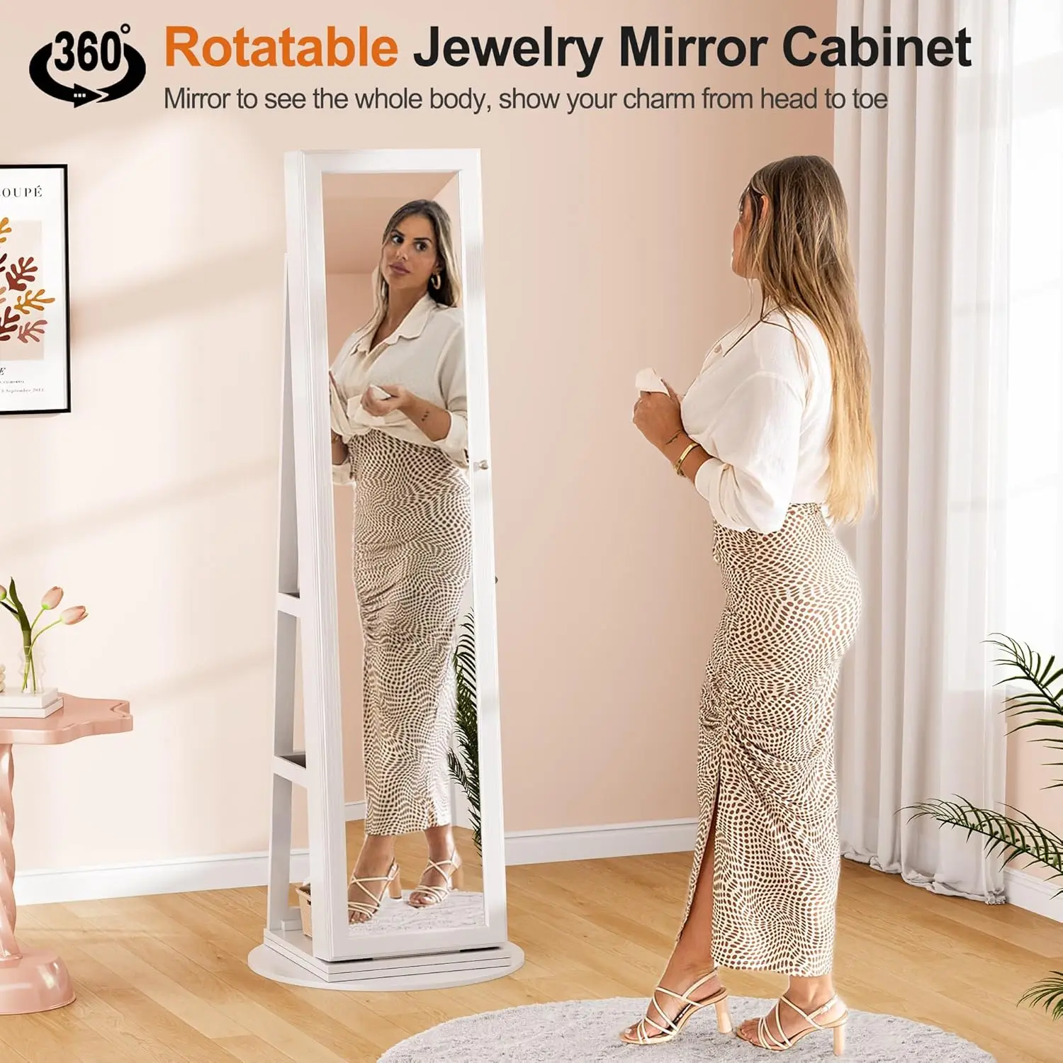 360° Rotating LED Jewelry Armoire with Lockable,Full Length Mirror Large Capacity 3 Color Dimmable Jewelry Organizer Armoire