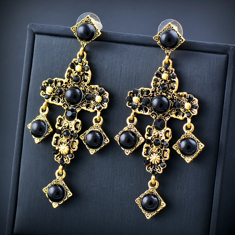 KIOOZOL black stones big cross earrings for women antique gold color retro jewelry accessories