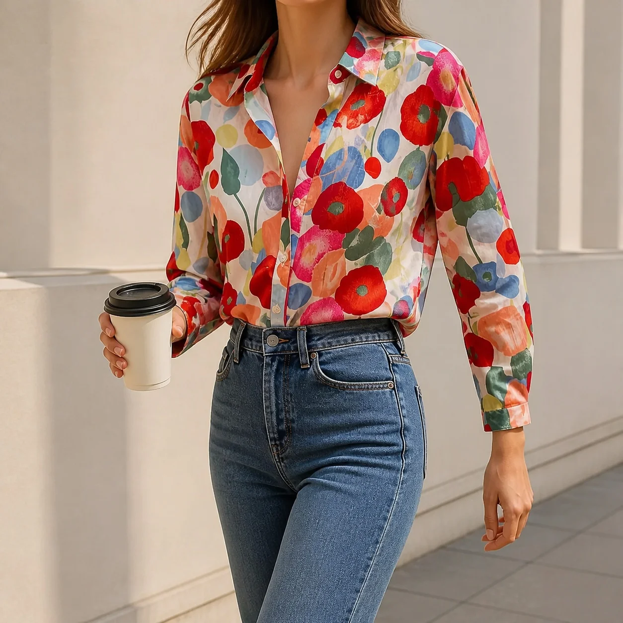 3D Pattern Long Sleeve Blouse Regular Fit Elegant with Woven Construction Button Front Notched Collar Commuter for Women