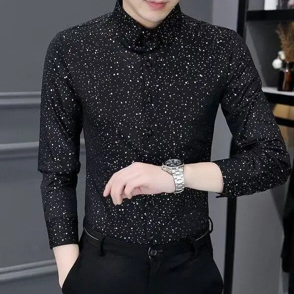 

Spring and Autumn Jacket Trendy Men Long Sleeve Shirt Sequin Slim Slim Slim Sleeve Cardigan JJ1291