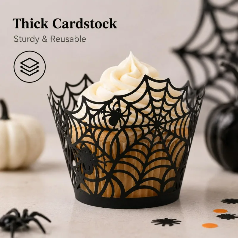 12/120pcs Halloween Spider Web Skeleton Cardboard Cupcake Wrappers Black Fireplace Mantel Party Supplies Baking Cups Decoration