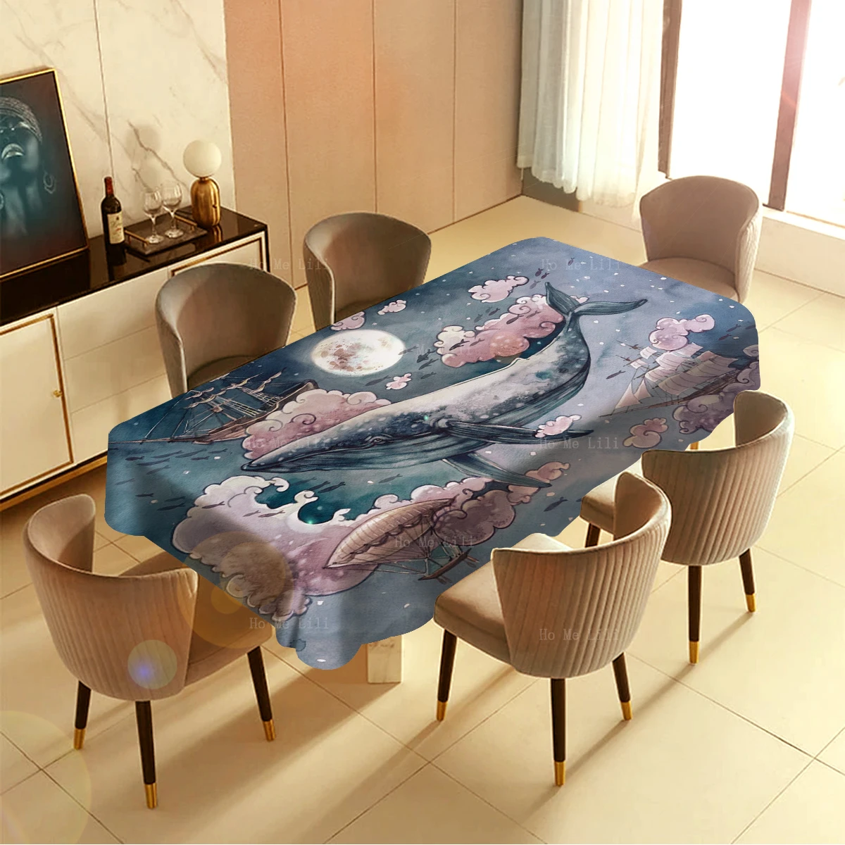 Fantastic Blue Whale In The Sky Anime Cartoon Hero Shield Minimalist Tablecloth By Ho Me Lili For Banquet Table Cover Decor