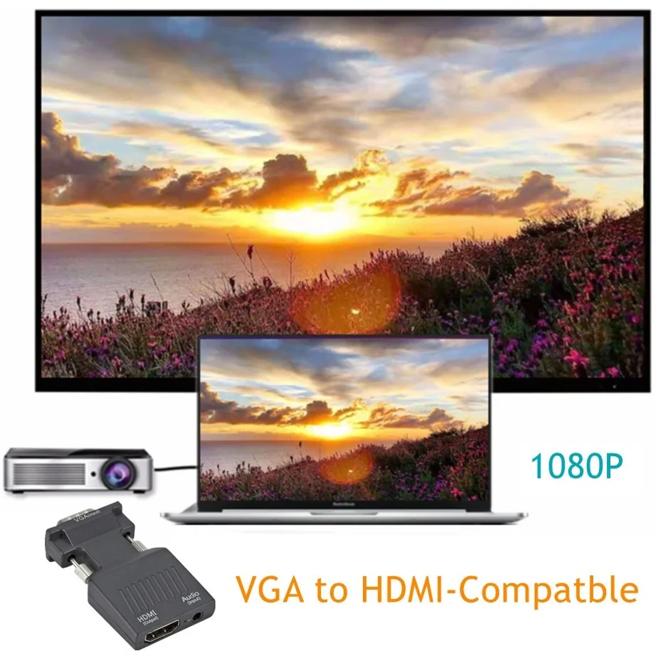 Совместимый преобразователь YIGETOHDE 1080P VGA в HDMI, совместим с адаптером VGA с аудио мощностью для проектора ПК PS3