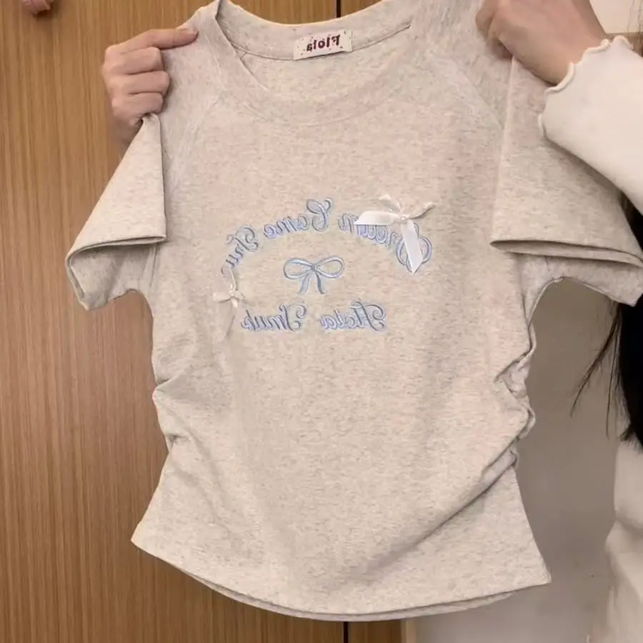 Summer Women's New Arrival Women's College Style Waist-cinching Embroidered Letter Bow Lace Raglan Short-sleeve T-shirt