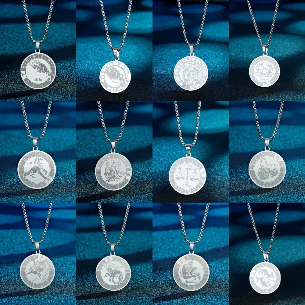 1 Set 12pcs Simple and Fashionable Stainless Steel Constellation Horoscope 12 Zodiac Sign Pendant Necklace Chain