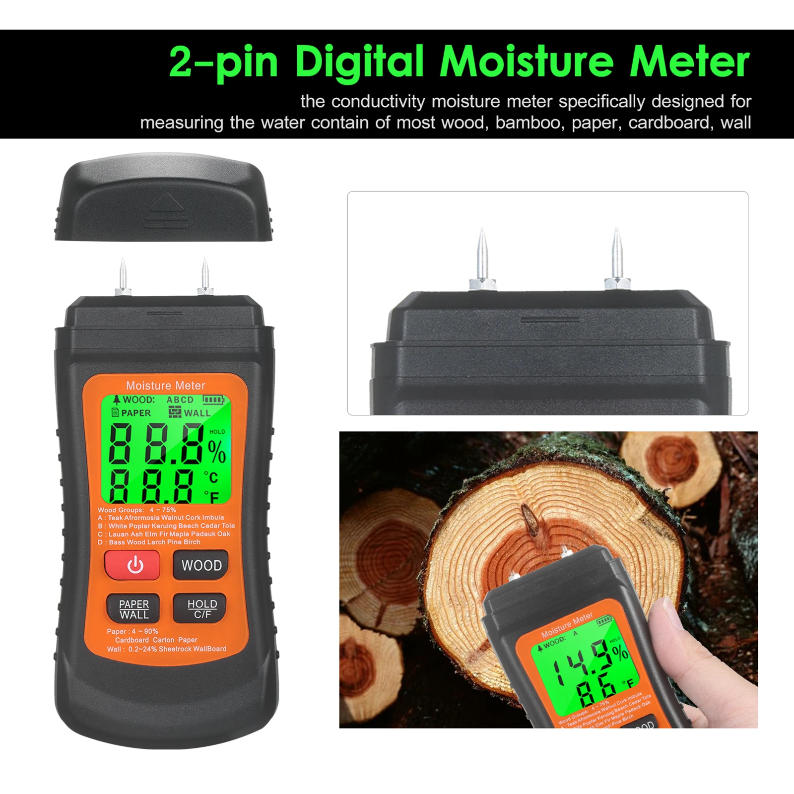 

Wood Moisture Meter Two Pins Digital Wood Hygrometer LCD Display Cardboard Moisture Meter