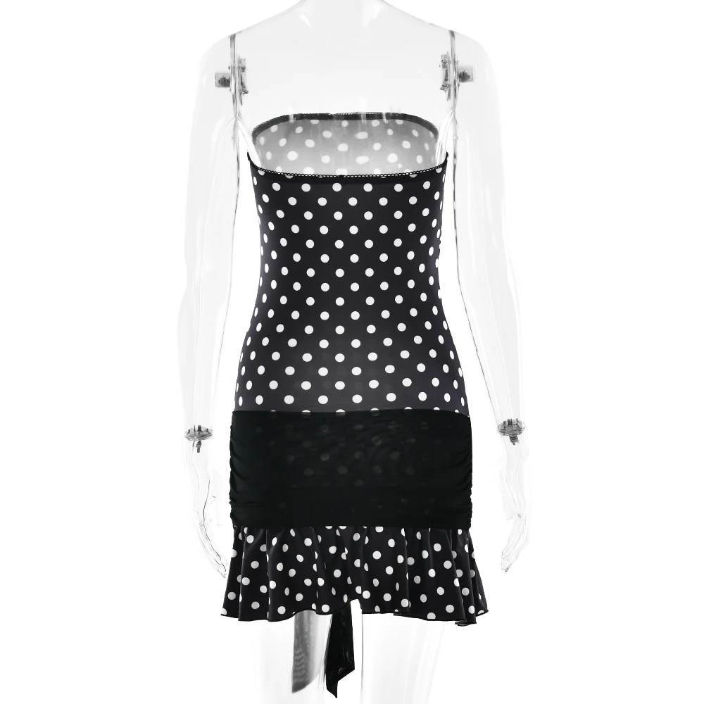 XIAOTANG Elegant Strapless Mesh Patchwork Tie Mini Dress Women Sexy Backless Tight Polka Dot Dresses Club Partywear Holiday 2025