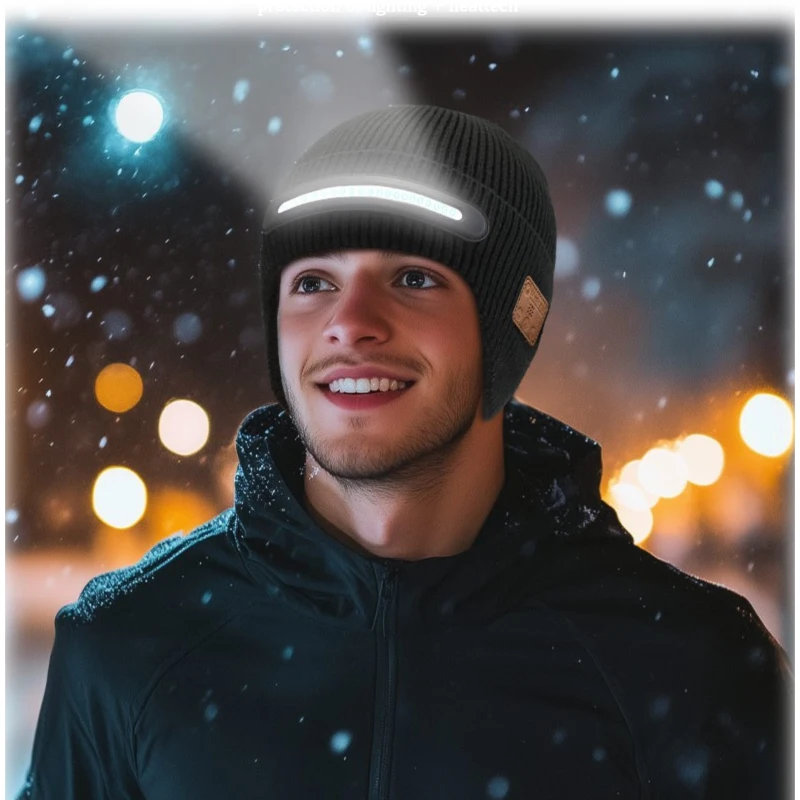 

Bluetooth Music Ear Warmer Knitted Beanie Hat with Colored LED Lights for Night Vision Wireless Headphones Winter Cap for Men