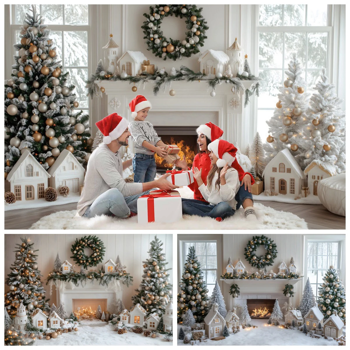 Décors blancs de Noël pour la famille d'enfants, décor de photocall, cheminée, arbre de Noël, couronne, arrière-plan de photographie, studio photo