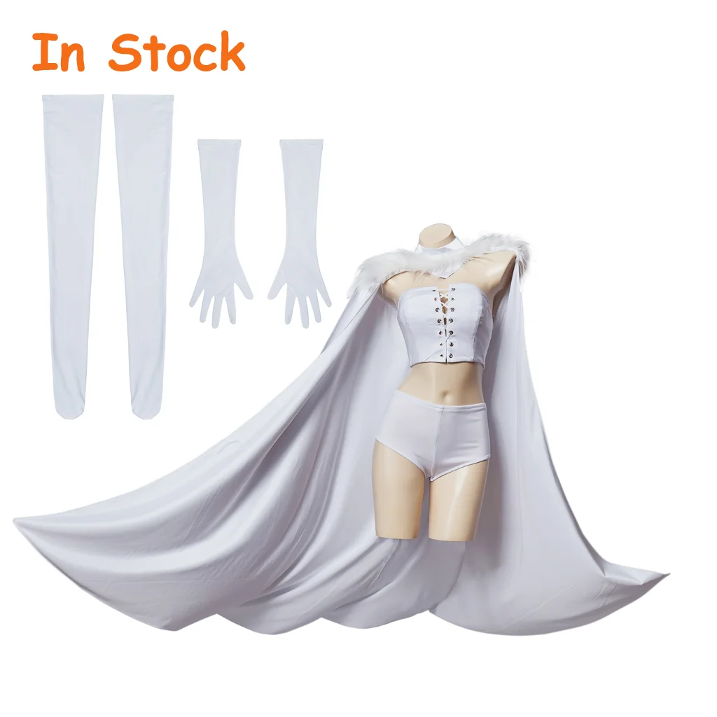 In Voorraad Emma Frost Cosplay Witte Koningin Emma Frost Sexy Corset Shorts Handschoenen Sokken Mantel Volledige Set Halloween Party Vermomming Pak
