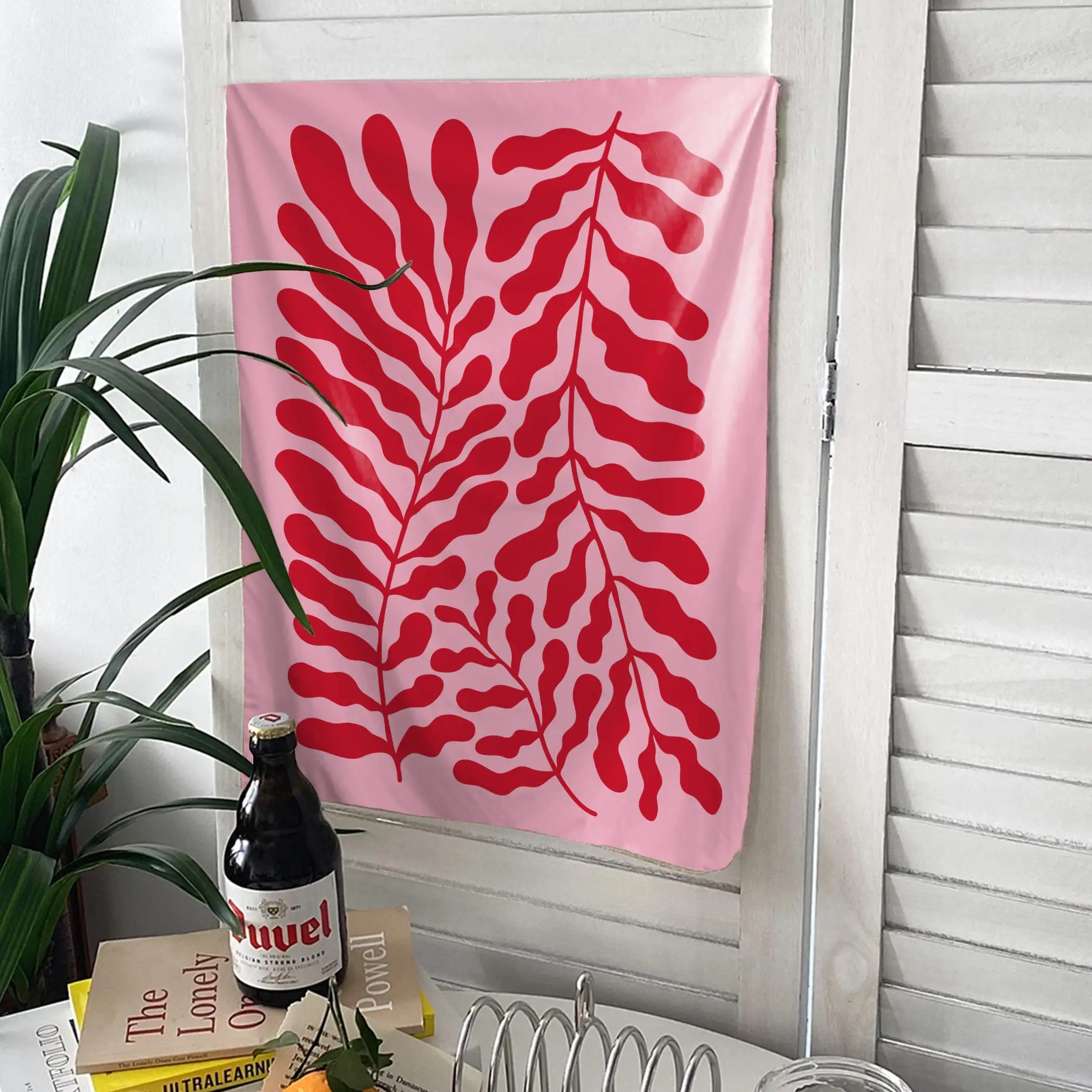 Matisse style tapestry pink and red plant wall hanging modern abstract hipster art dormitory room large simple fabric wall decor