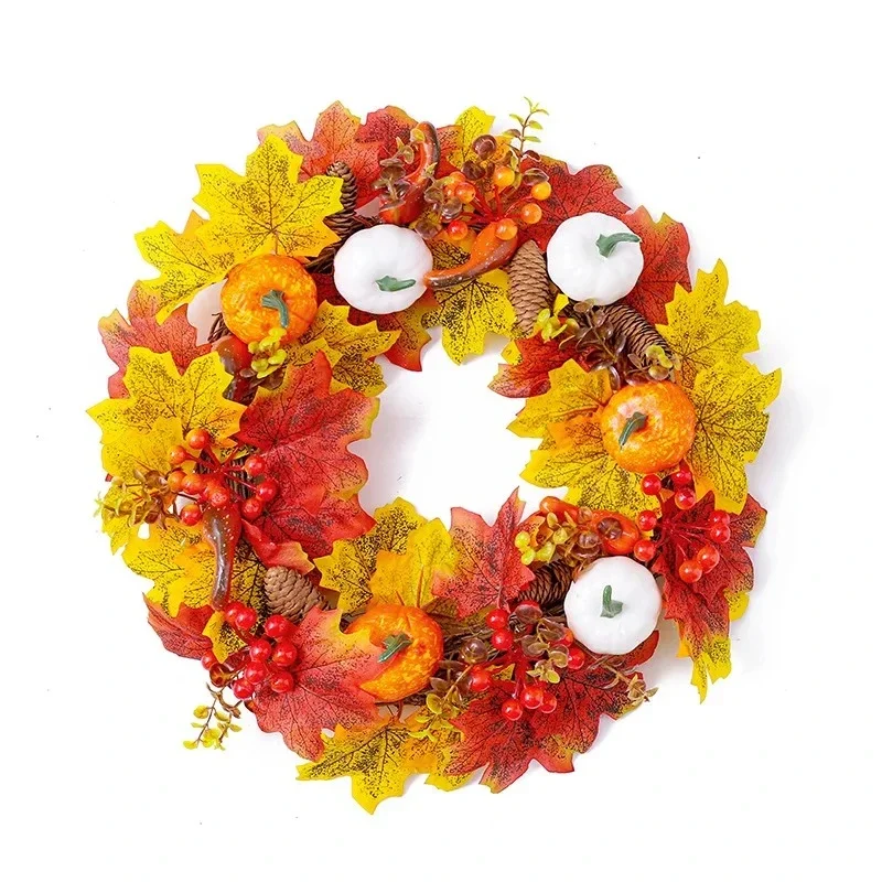 

Thanksgiving Fall Colorful Hanging Decorative Home Window Display Door Hanger Faux White Pumpkin Maple Leaf Wreath