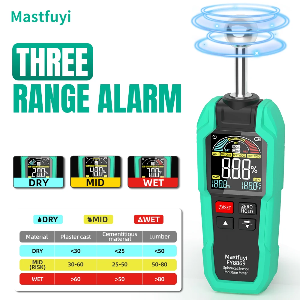 MASTFUYI Digital Wood Moisture Meter Non-destructive Spherical Hygrometer Record Humidity Auto Detect Timber Damp Detector