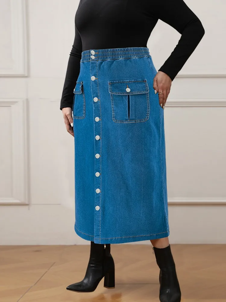 Plus Size Clothes 2024 Women\'s Button A-line Side Split High Waist Denim Skirt Office Lady Midi Jean Skirts Autumn Winter Skirt