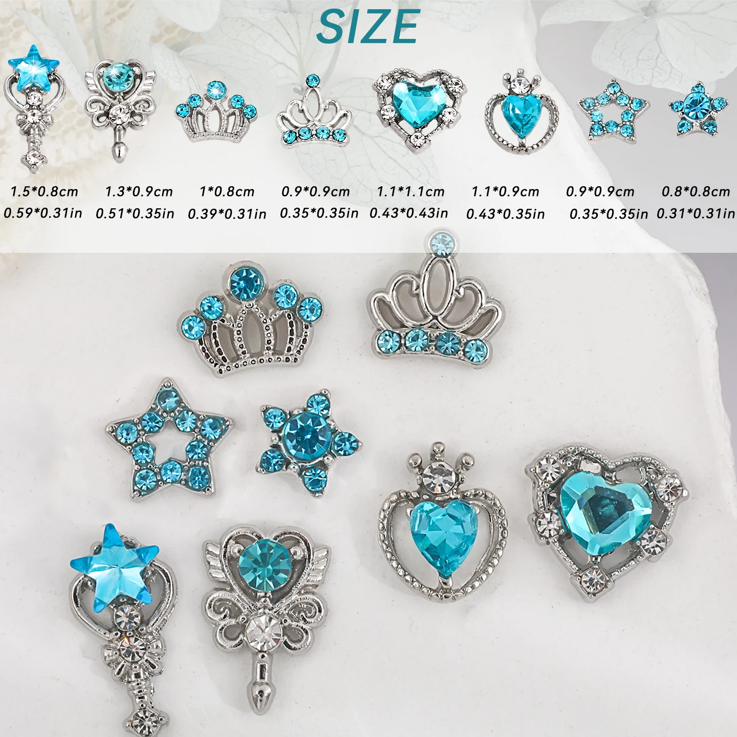 Luxury 32PCS Mixed Alloy Magic Wand Nail Charms Sparkling Blue Diamond Metal Crow Heart Design Nail Jewelry Decoration Supplies