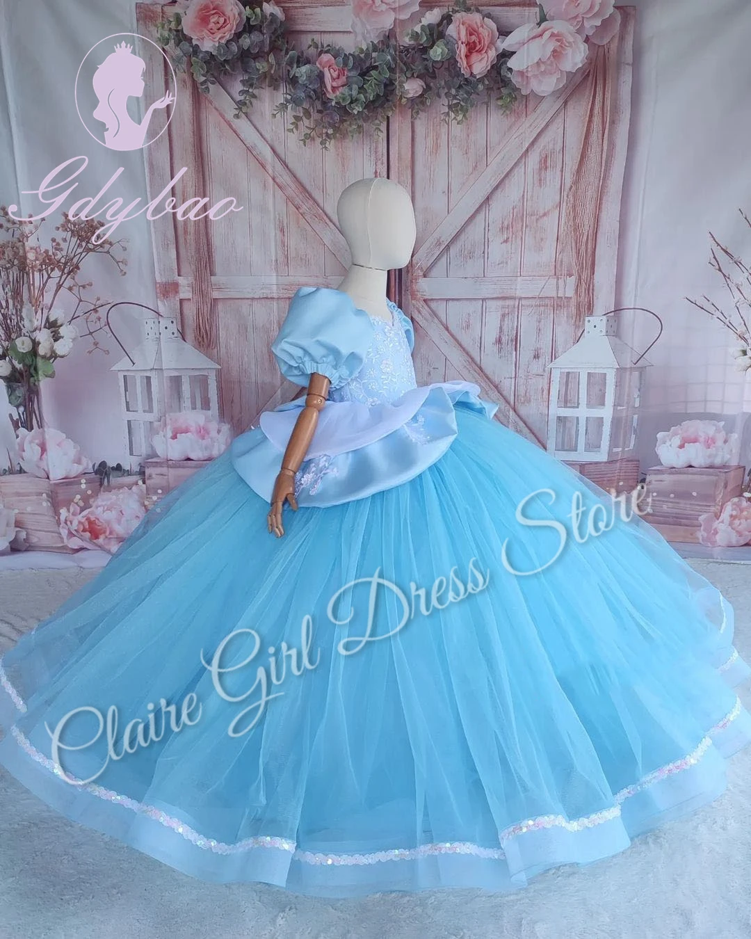 Céu azul flor menina vestidos para casamento apliques rendas tule mangas curtas com arco elegante crianças festa de aniversário vestido de baile