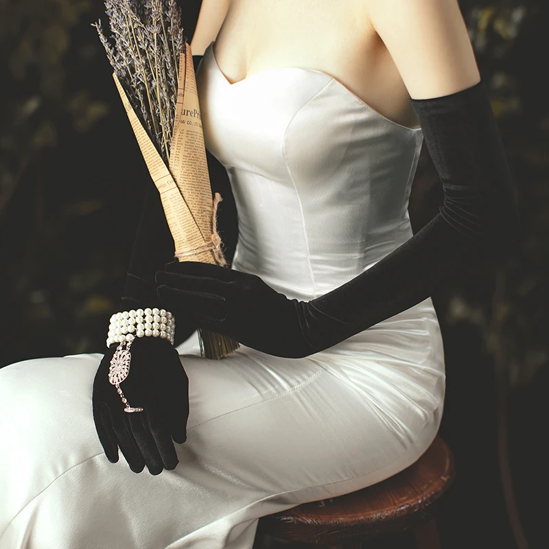 Wedding Bridal Long Opera Handschuh Black Gloves for Apparel Velvet Finger Brides Bridesmaid Gloves image 4