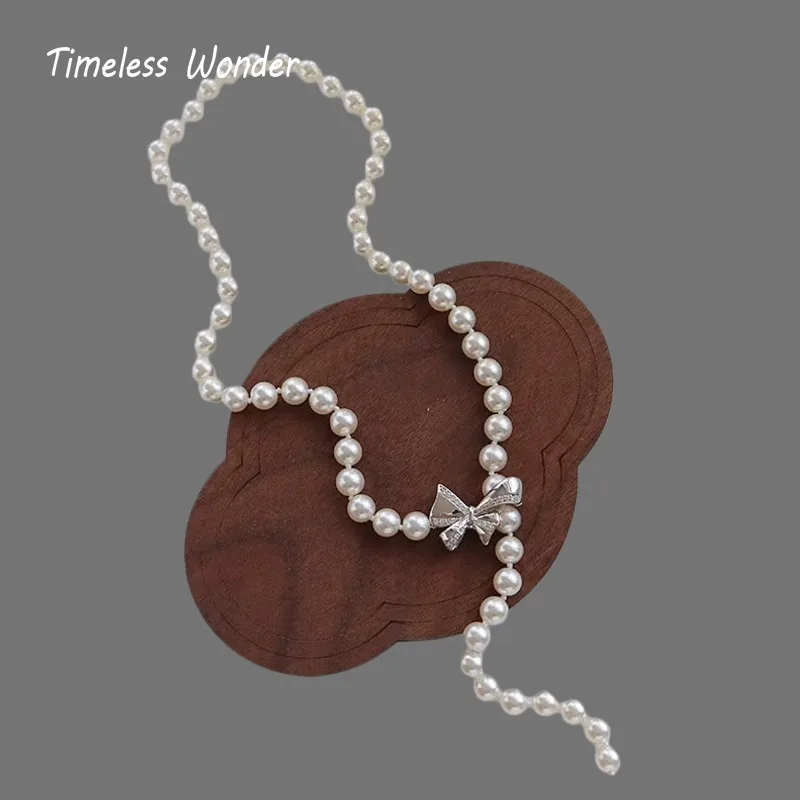Timeless Wonder Fancy Zircon Bowknot Glass Pearl Necklace for Women Designer Jewelry Trendy Sweet Gift Cute Rare 4523