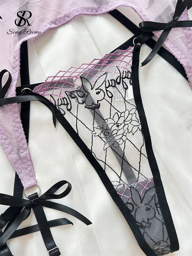 SINGREINY 女性スプライシングガーゼセクシーな下着スーツ透明スリムクラブパジャマレディース弓甘い薄手のポルノランジェリースーツ