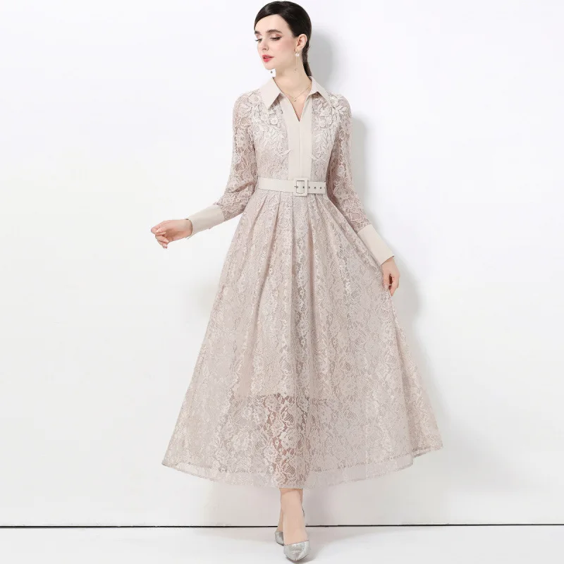 فستان أنيق بياقة بولو وأكمام طويلة وخصر مرتفع مع حزام، تصميم فرنسي ضيق من الدانتيل المحبوك البوليستر على شكل حرف A للنساء