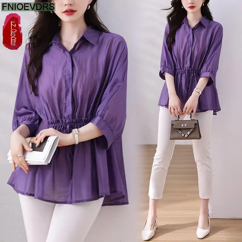 L-5XL Loose Clothes 2024 Summer Retro Button Tops Short Sleeve Women Tunic Fashion Purple Peplum Shirts Blouses