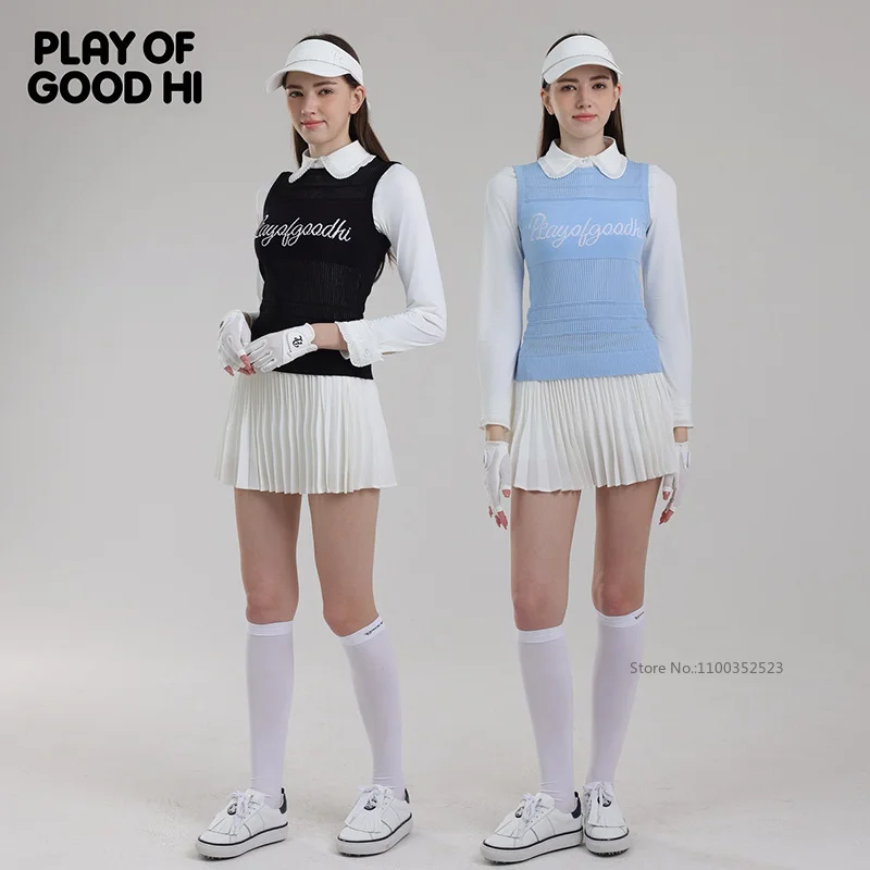 PL Women Knit Golf Vest Sleeveless Hollow Out Letter Printed Sweater Vest Ladies Slim Fit Golf Tank Top Autumn Sports Outerwear