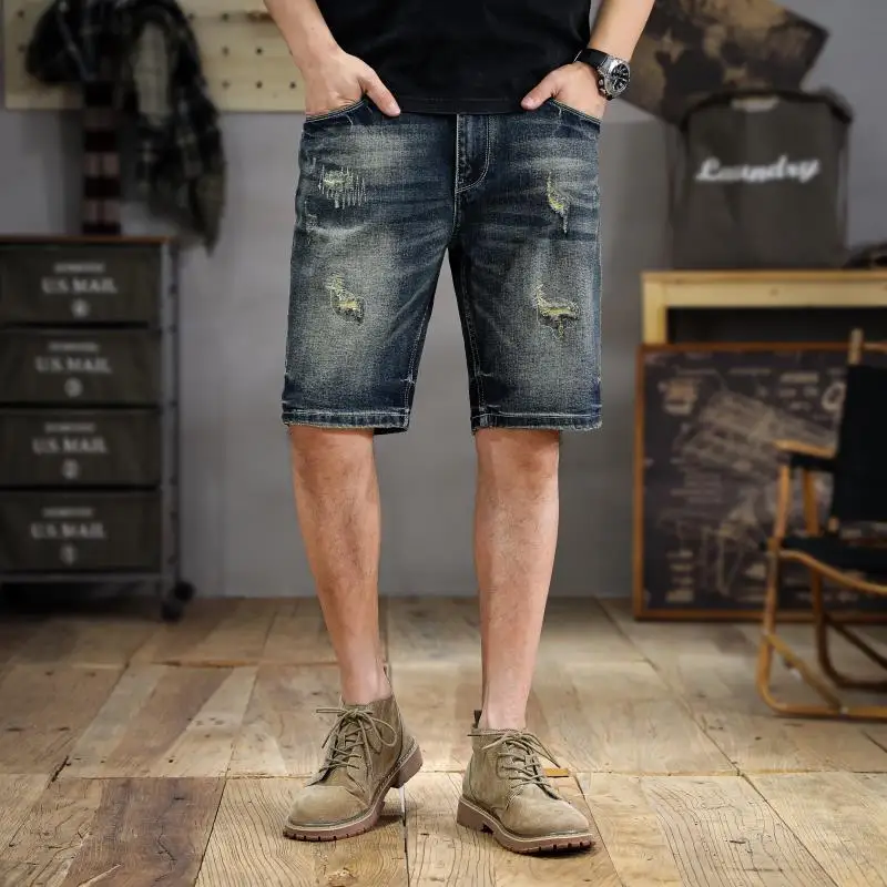 

New American washed printed denim shorts men's trend handsome scraping summer Slim straight five pants