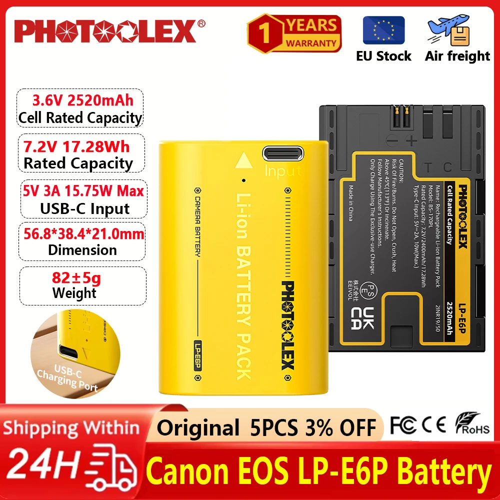 

PHOTOOLEX 2520mAh LP-E6P lp e6p Battery With LC-E6E Charger For CANON EOS R5 II R6 R6 II R7 R5 Camera