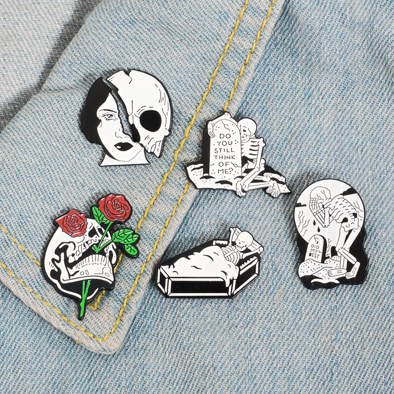 Pin de insignia para solapa, broche de mezclilla, bolsa de camisa, joyería Punk, regalo para amigos, alfileres de esmalte de cara de Calavera, ataúd de rosa para amantes de los muertos