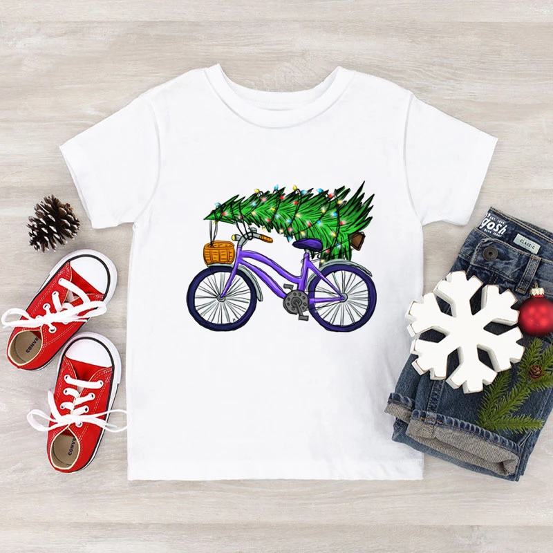 New Boys Girls Christmas Tree and Bicycle Print T Shirts Fashion Casual Short Sleeve Graphic Tees 2025 New Year Xmas Gift Tshirt