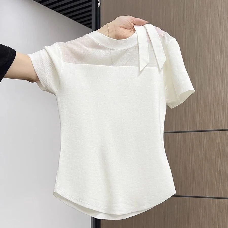 Elegant round Neck Short Sleeve Lace Mesh Base Shirt Women's Slimming Top Fashionable Summer New Style Commute Korean Style