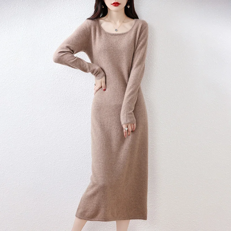 Hot Sale Women 100% Merino Wool Sweater Dress 2023 Autumn/Winter New Female O-Neck Warm Long Dresses Casual Knitted Pullover