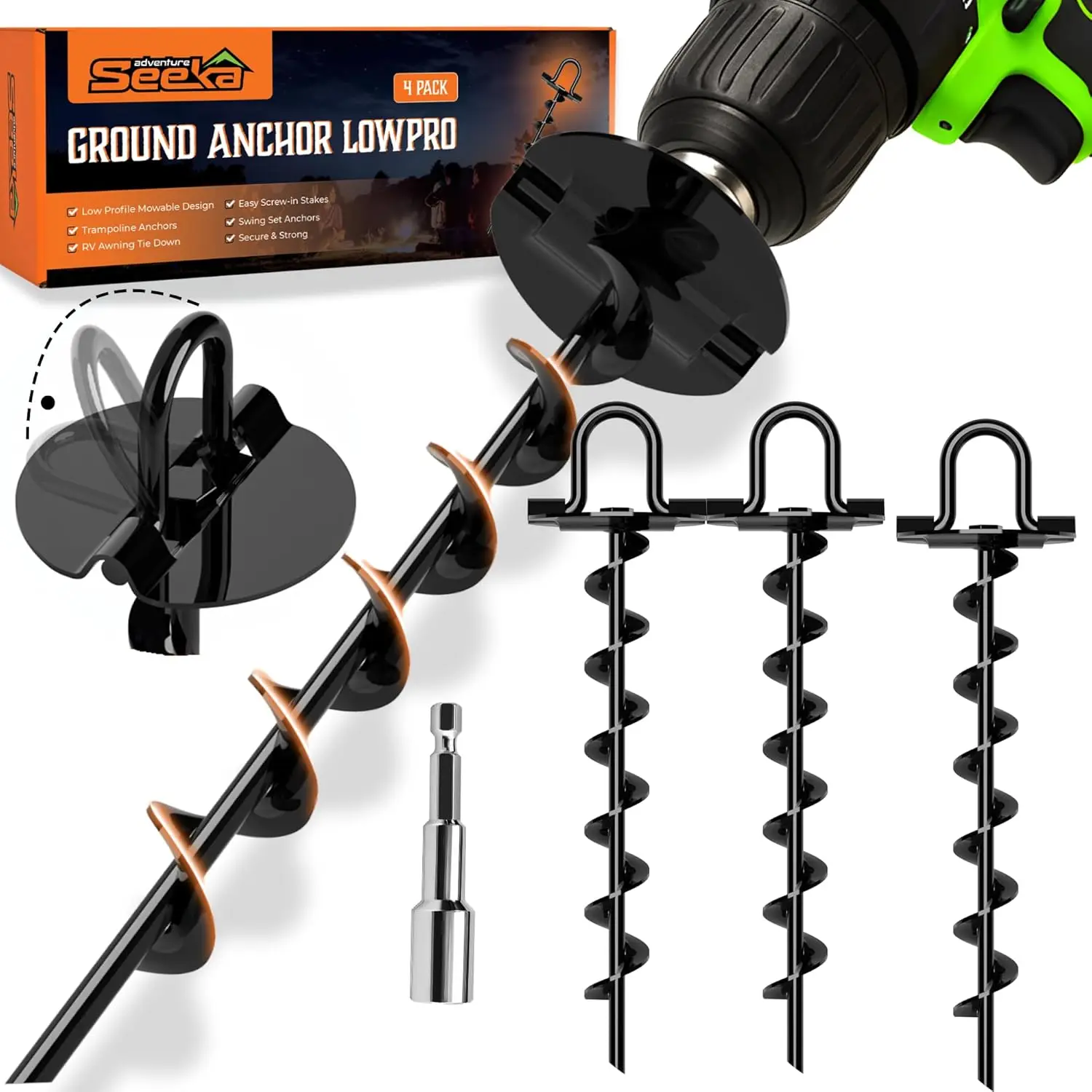 

Heavy Duty Ground Anchor Stakes 4 Pack for Swing Sets, Trampolines, Tents & Canopies in High Winds