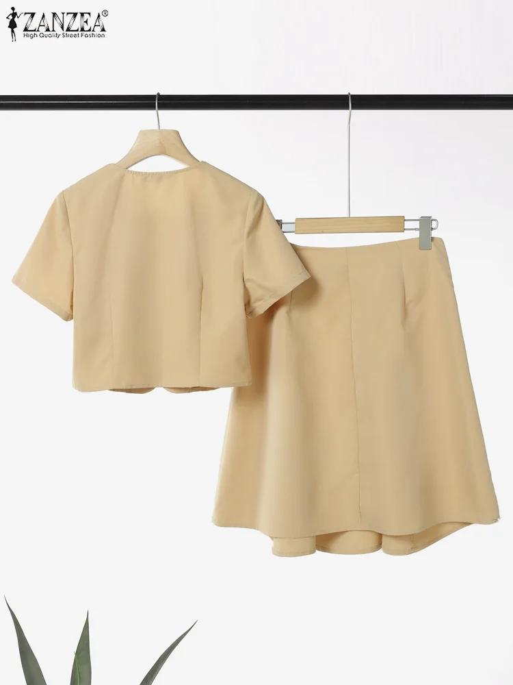2025 ZANZEA Women Summer Dress Sets Lapel Fashion Short Sleeve Tops and Knee-length Skirts Two-piece Outfits Sweet Korean 2pcs