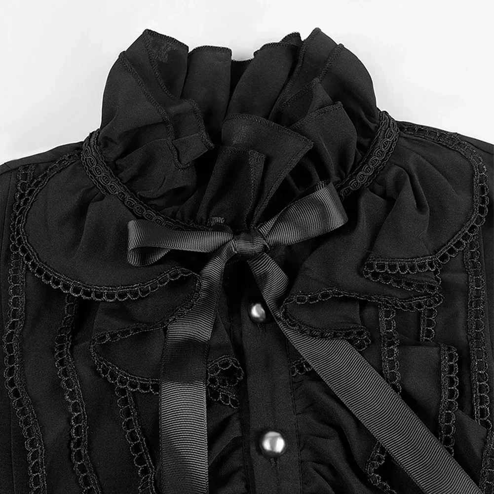 Fashion Retro Men\'s Gothic Shirts And Blouses Victorian Medieval Ruffle Pirate Puff Sleeve Solid Black Tops Shirt Man Clothing