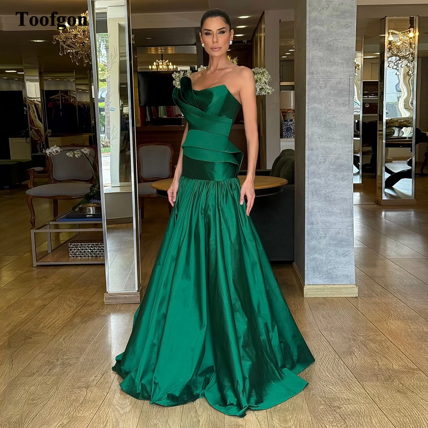 

Toofgon Sheath Satin Arabic Evening Dresses Customized Pleated Strapless Women Special Occasion Formal Party Long Prom Gowns