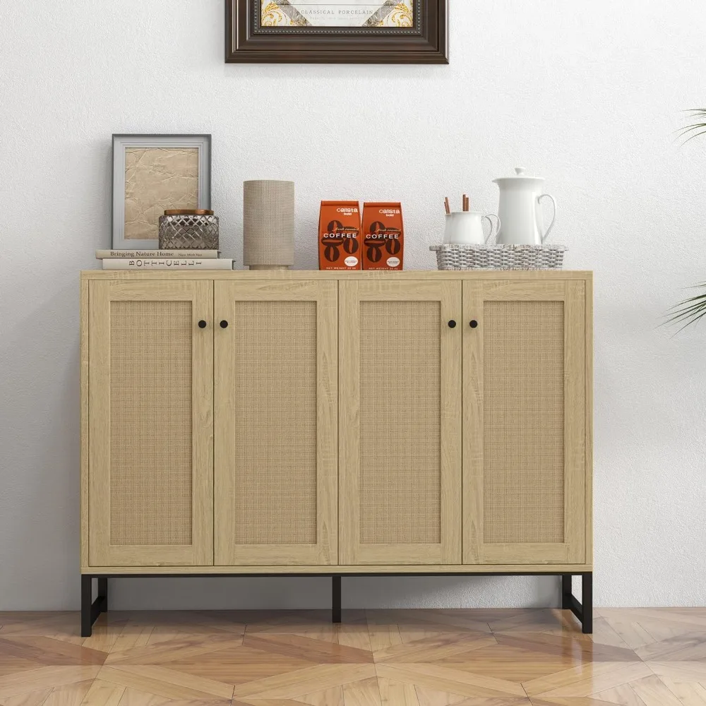 

Panana Sideboard Accent Storage Cabinet with Rattan Decorated 4 Doors Dining Room Freestanding Kitchen Buffet Table Cupboard