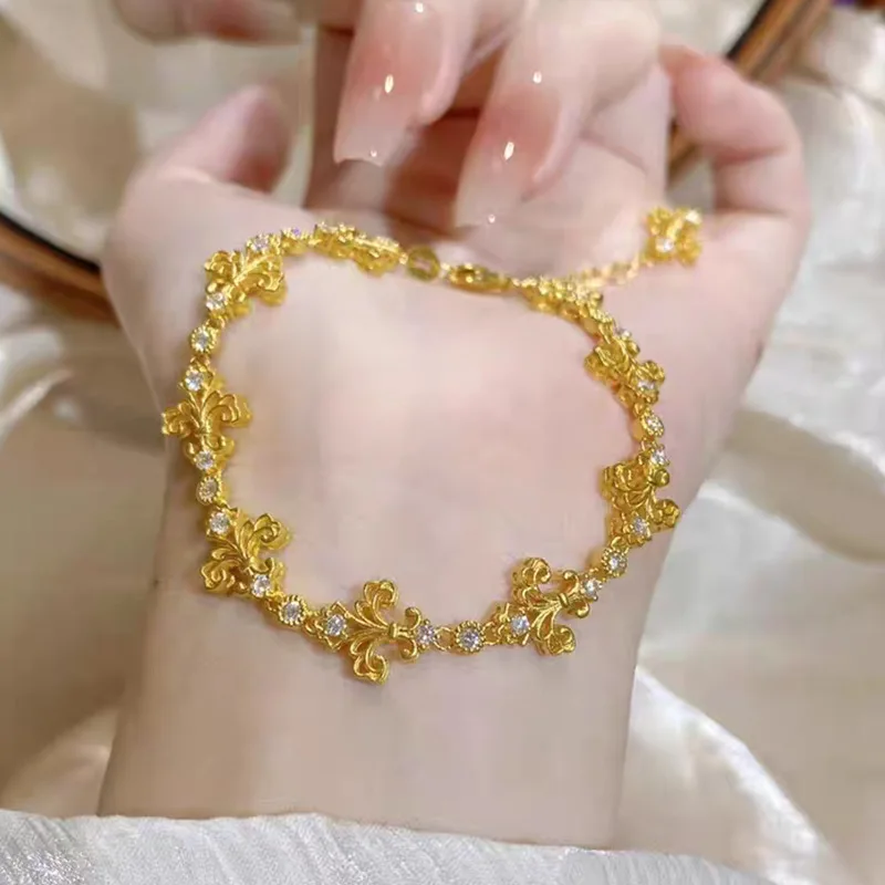 

Женский комплект Ирис из 24-каратного золота | AU999 Чистое золото, дуэт браслета и колье, 3D бриллиант - комплект лепестков, элегантный и великолепный