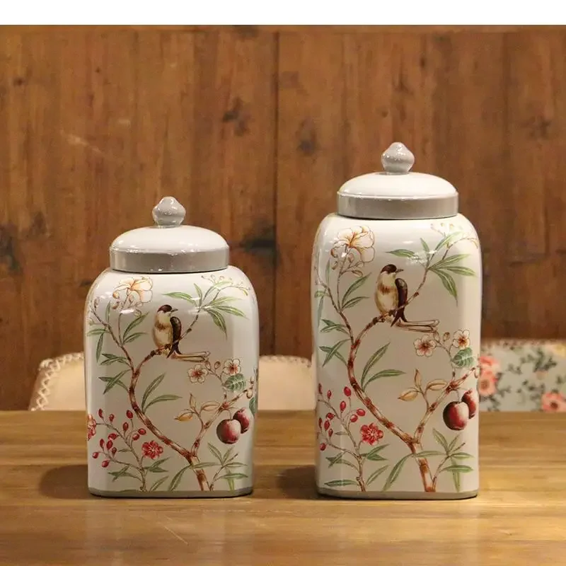 

#For Pot de rangement carré peint fleur et oiseau,&