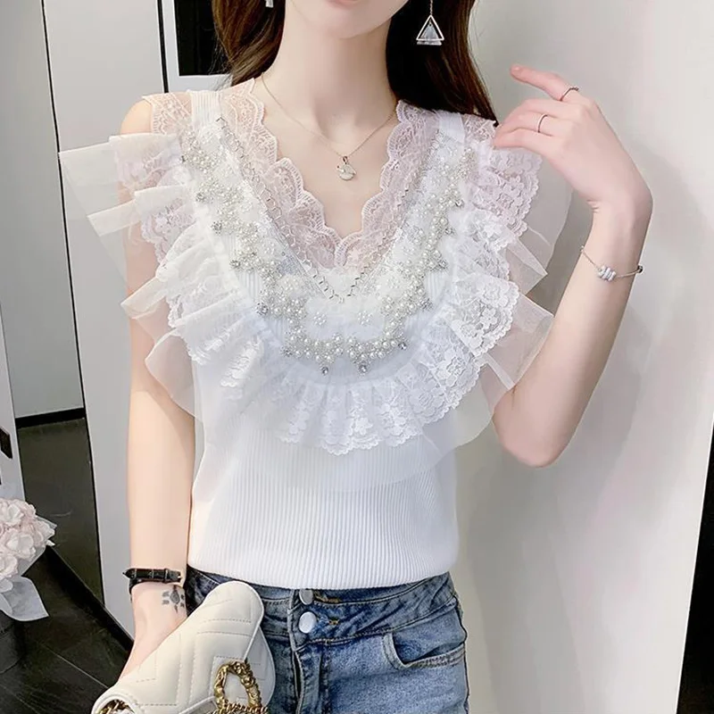 Elegant V-Neck Spliced Lace Beading Ruffles Blouse Female Clothing 2024 Summer New Chic Tops Sleeveless Sweet Shirt
