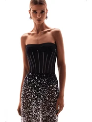 Sexy Long Skirt Two Piece Set Women Black Strapless Sequins Bodysuit + Shiny Beaded Mesh See Through Slim Skirts Suits Evening