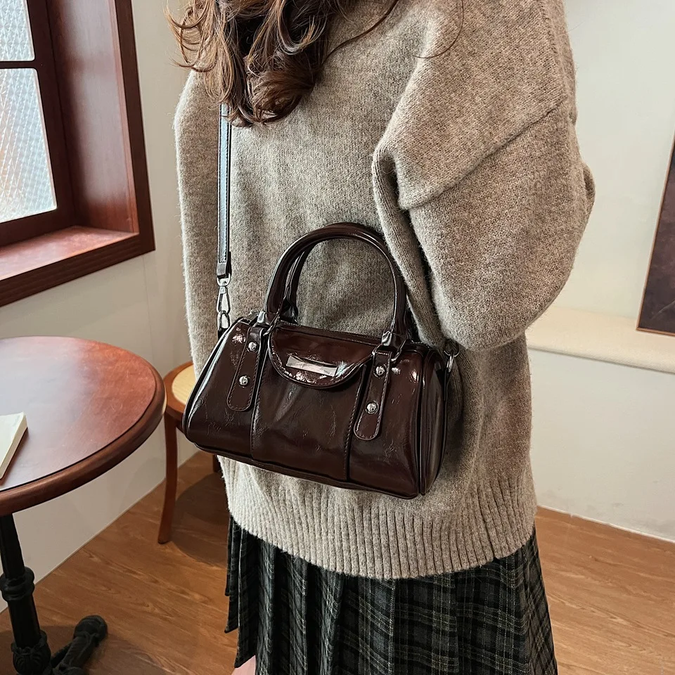 

Mini Top-handle Bags for Women Bright Oil PU Leather Pure Color Shoulder Crossbody Bags 2025 Latest Luxury Designer Handbag Sac