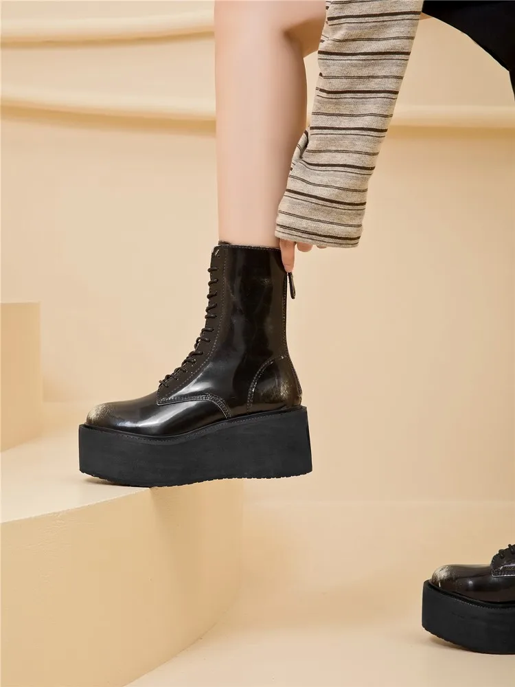 Damen-Stiefeletten und -Boots mit rutschfester, dicker Sohle für Herbst und Winter, Retro-Stiefel mit Erhöhung, Motorradstiefel für Damen – Detail 8