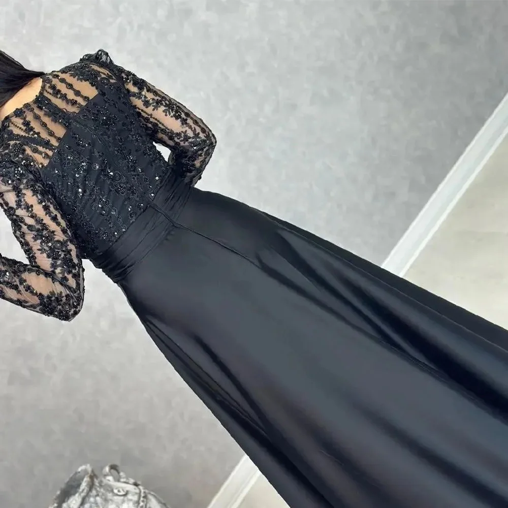 Long Sleeves V-Neck Satin Floor Length A-Line Evening Dress Sequined Zipper Back Temperament Photo Color Saudi Arabia 2024