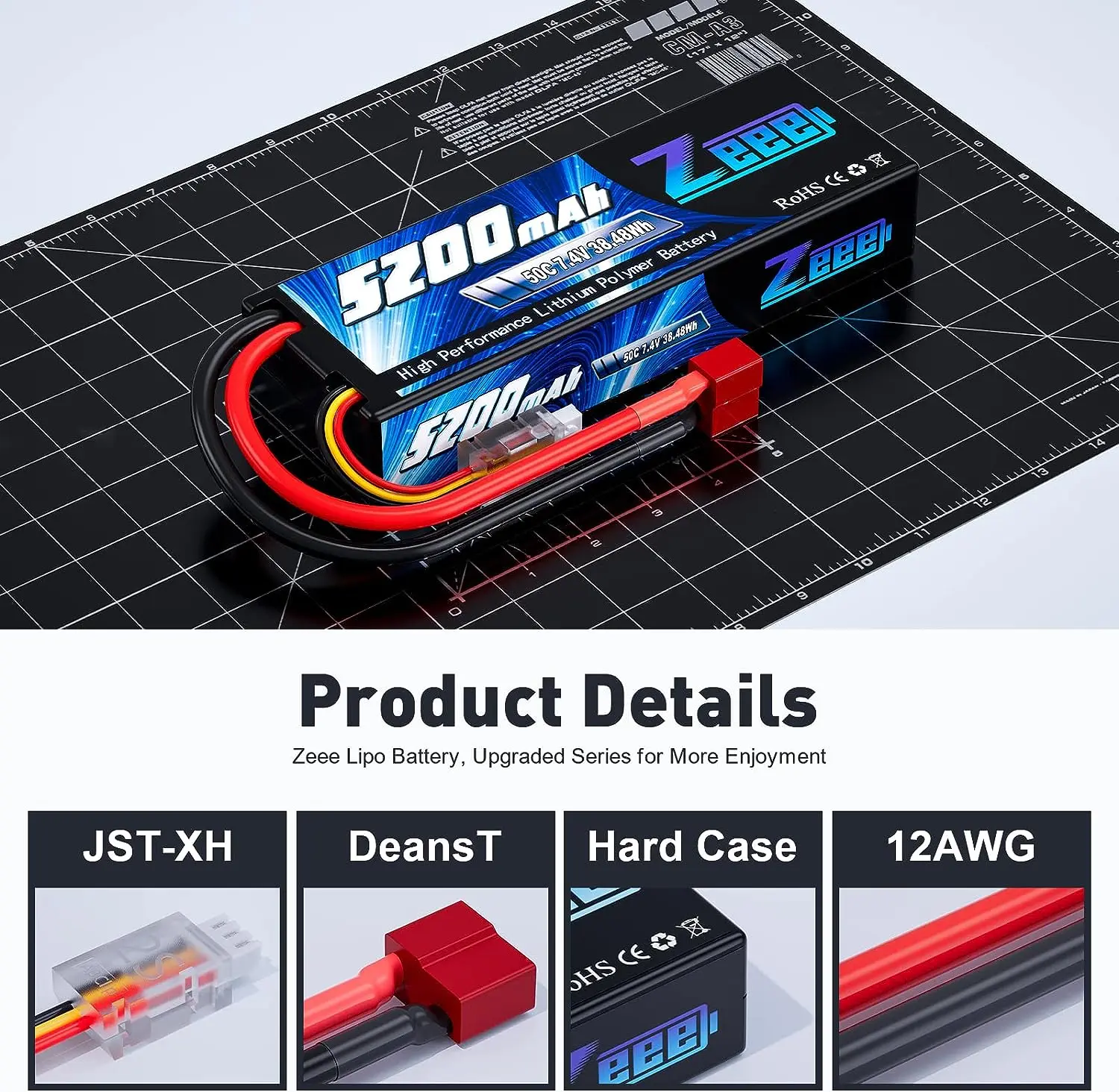 Zeee 5200mAh 2S RC Lipo Battery 7.4V 50C with T Plug for RC Car Truggy Buggy Tank Evader Boat Helicopter FPV Drone Model Parts