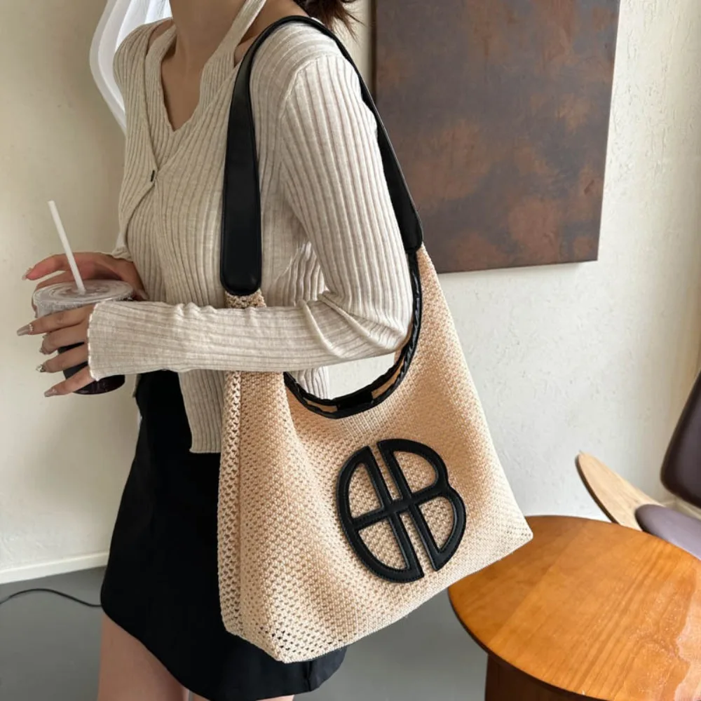 Retro Straw Bag Large Capacity Woven Beach Bag Trendy Lady Shoulder Bag Underarm Bag Daily Shopping Bag Totes