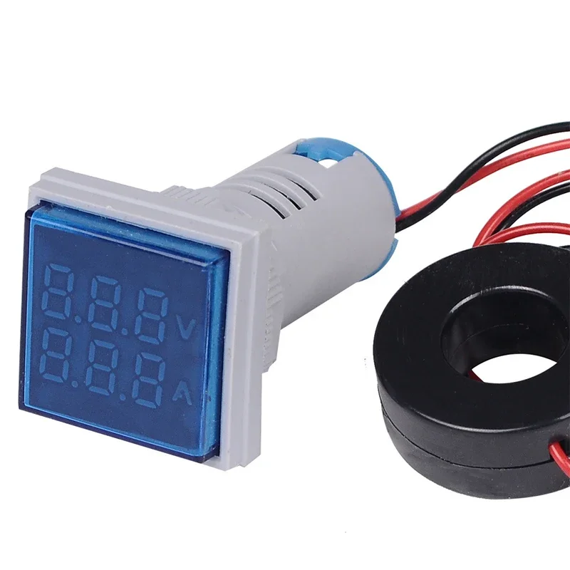 Mini Digitale Voltmeter Ampèremeter 22mm Vierkant AC 20-500V 0-100A Amp Volt Voltage Tester Meter Dual LED Indicator Pilot Lamp Licht