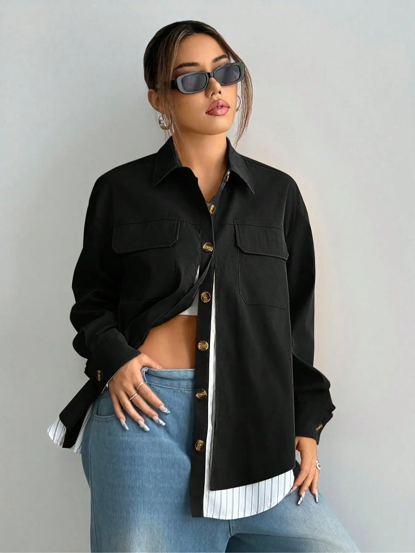 سترة نسائية كاجوال مخططة مرقعة، قماش منسوج بأكمام طويلة، نمط مناسب لجميع المواسم، سمك معتدل #1