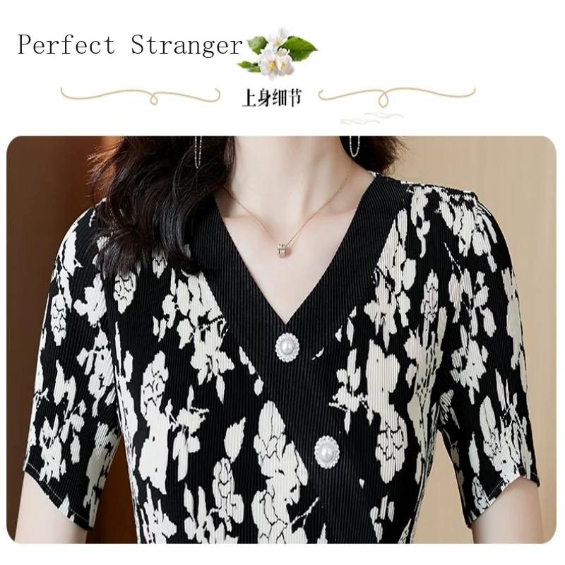 Sanzhai Pleated 2024 Summer Short Sleeve Vestidos Slim Appearance Age Reducing V-neck Heavy Work Women Long Dress