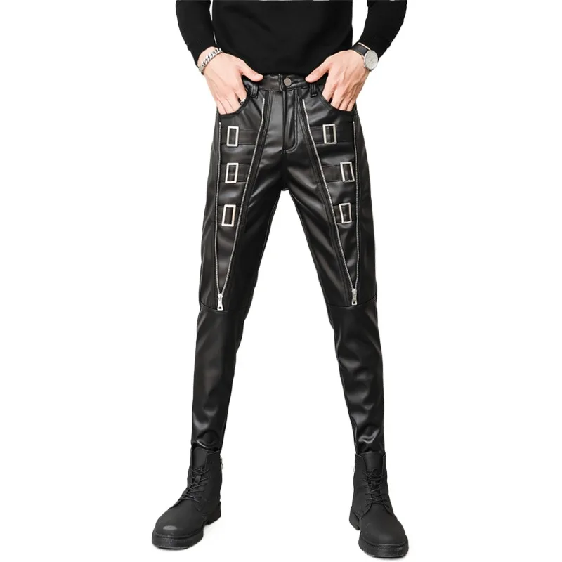 Men's Windproof Waterproof Motorcycle Biker Leather Pants Skinny Punk Style Faux Leather Trousers Fleece Lined Rider Bottoms